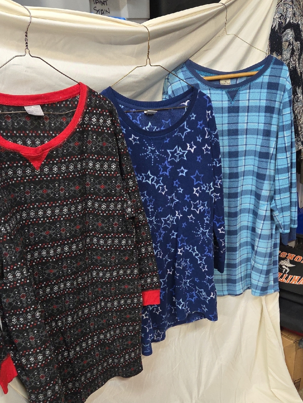 3 Women’s Blue Star & Plaid Long-Sleeve Night Shirts Pajama - XL